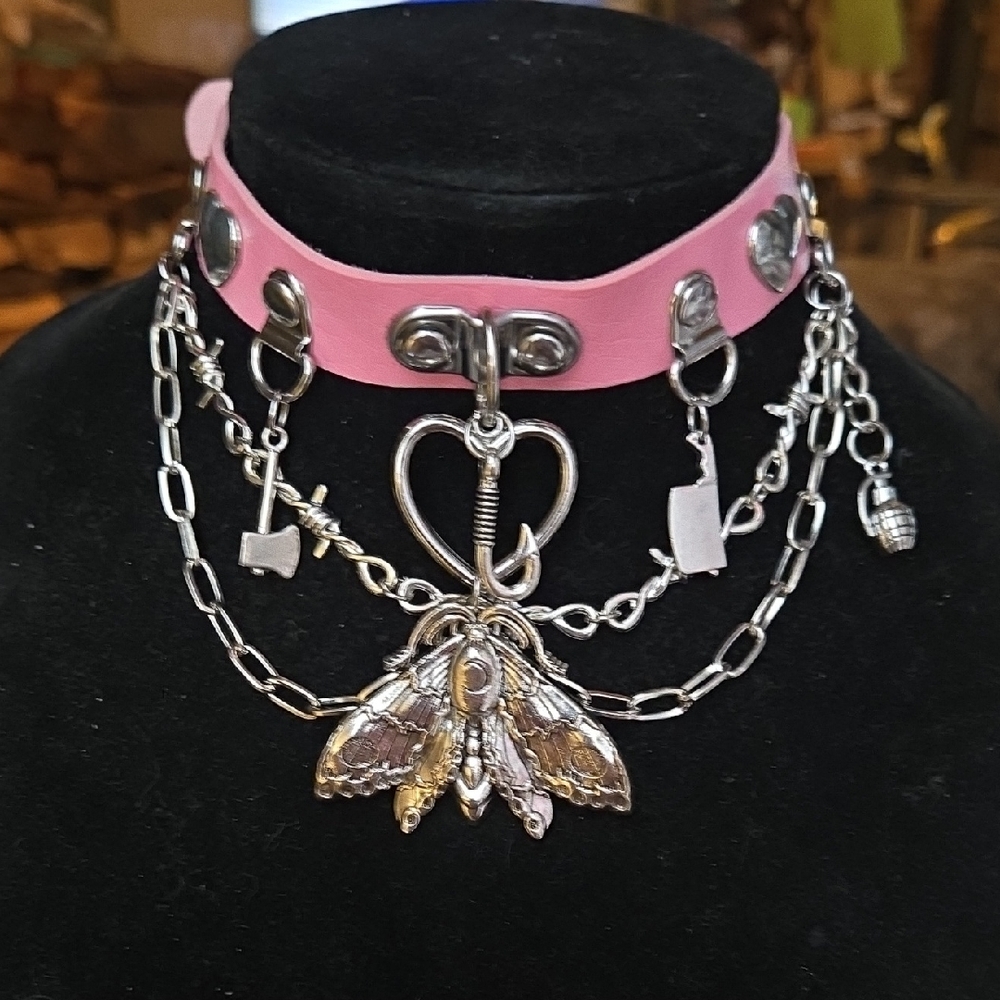 Whymsigoth Pink and Silver Moth Charm Necklace